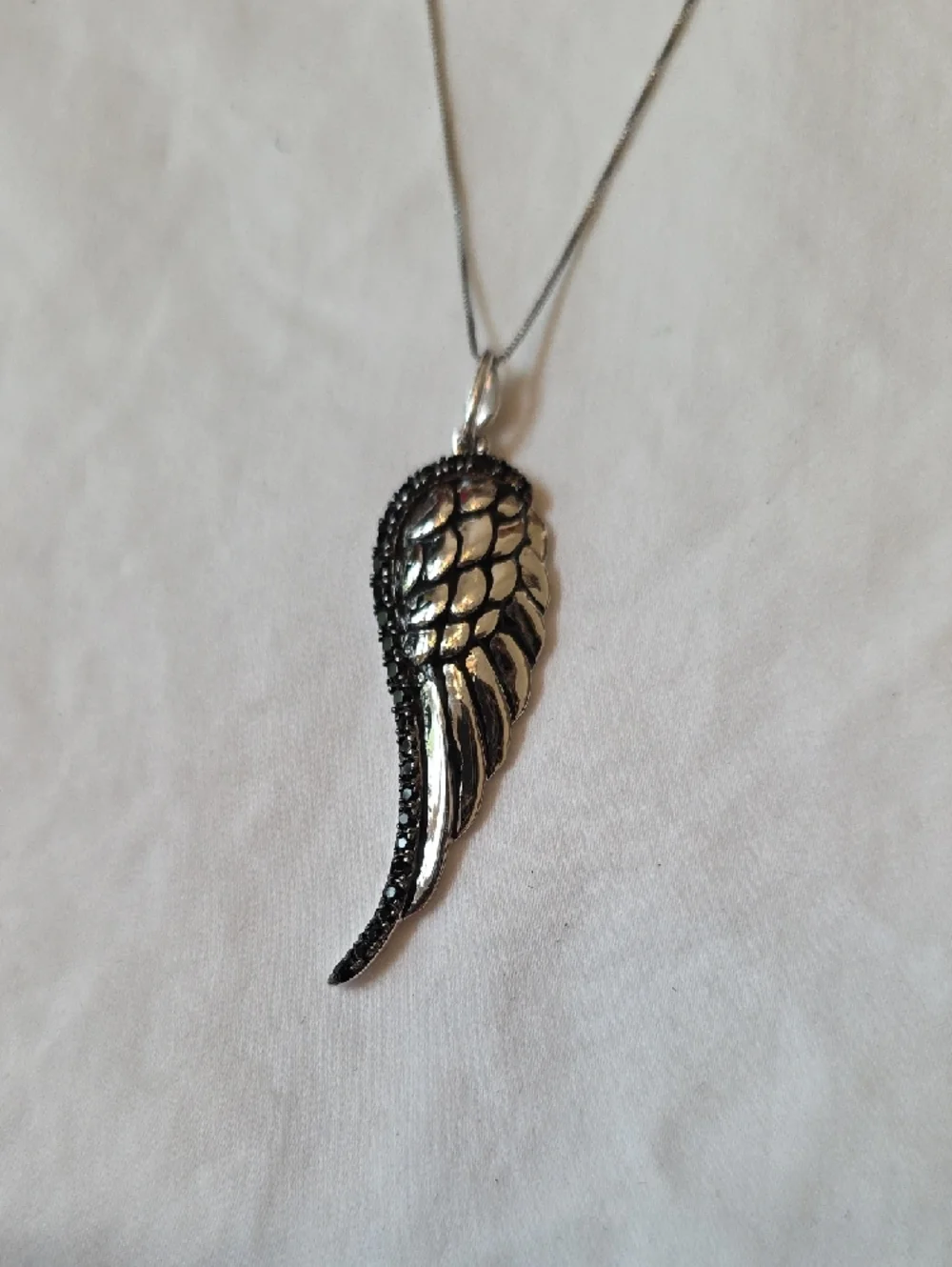 Sterling Silver Angel Wing Pendant Necklace With Black Stones - Picture 3 of 4